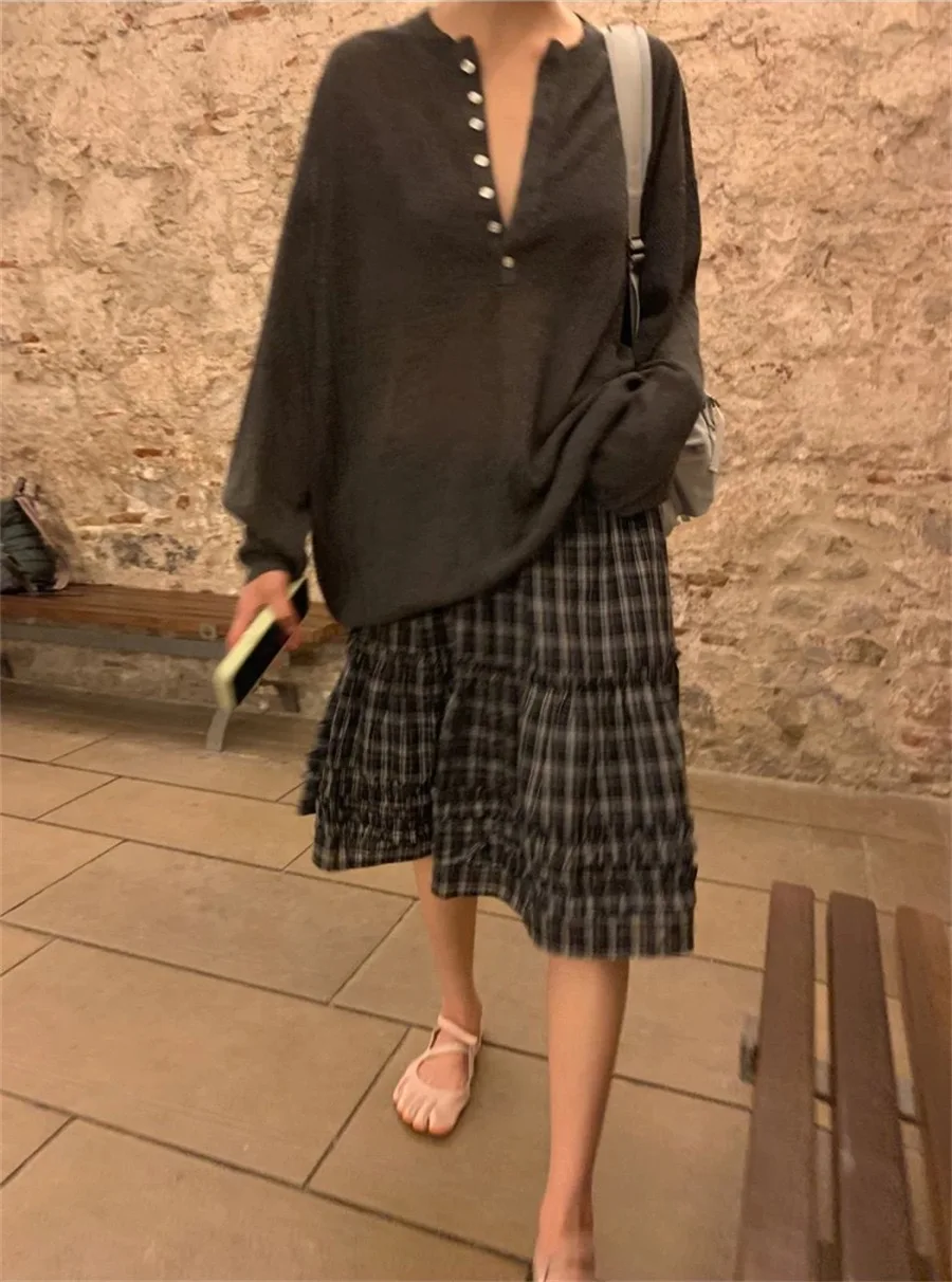 Модный свободный вязаный топ и клетчатая юбка, женский повседневный комплект с длинным светом V-Ne, осень-зима, Новое поступление