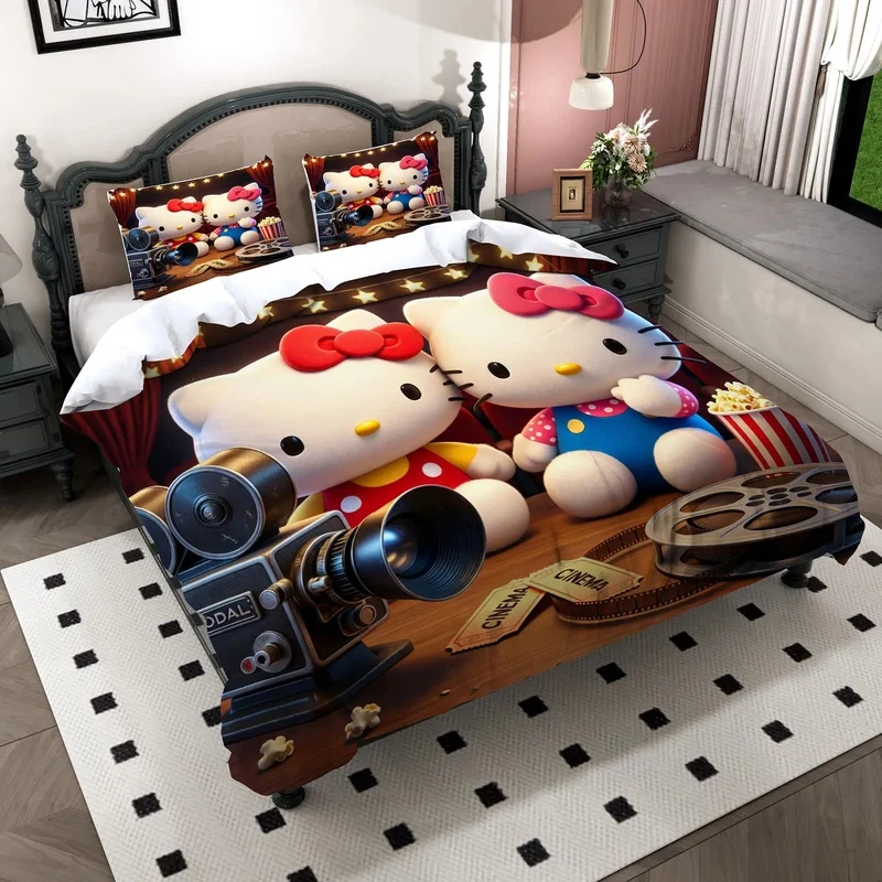 Vintage Movie Hello Kitty Duvet Cover Set Twin Kitty Popcorn Film Roll Bedding Set For Kids Home Decor