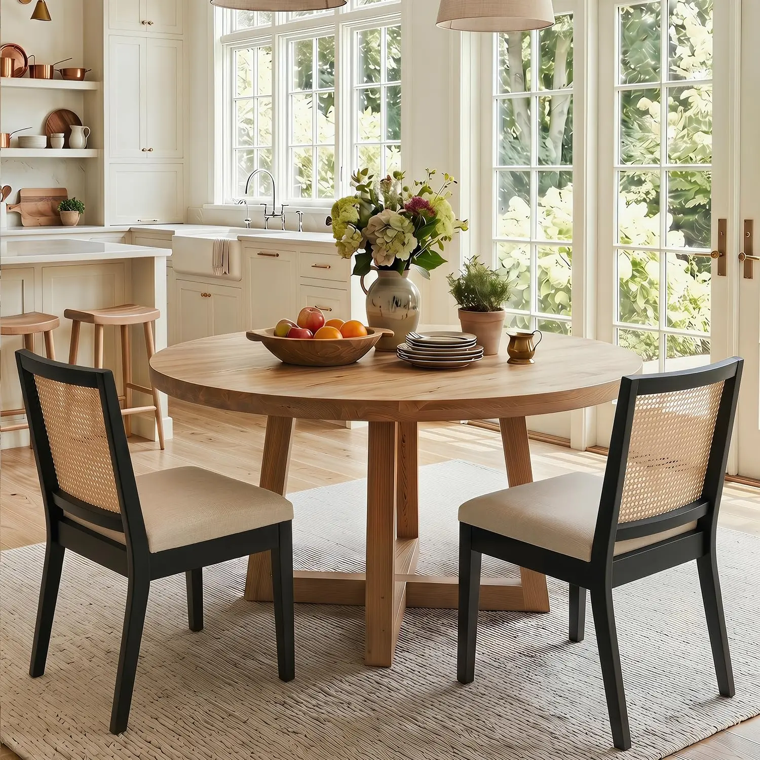 Farmhouse Rattan Dining Chairs Set of 2, Black Solid Hardwood Frame, Upholstered Linen Seat, Ergonomic Cane Back Dining