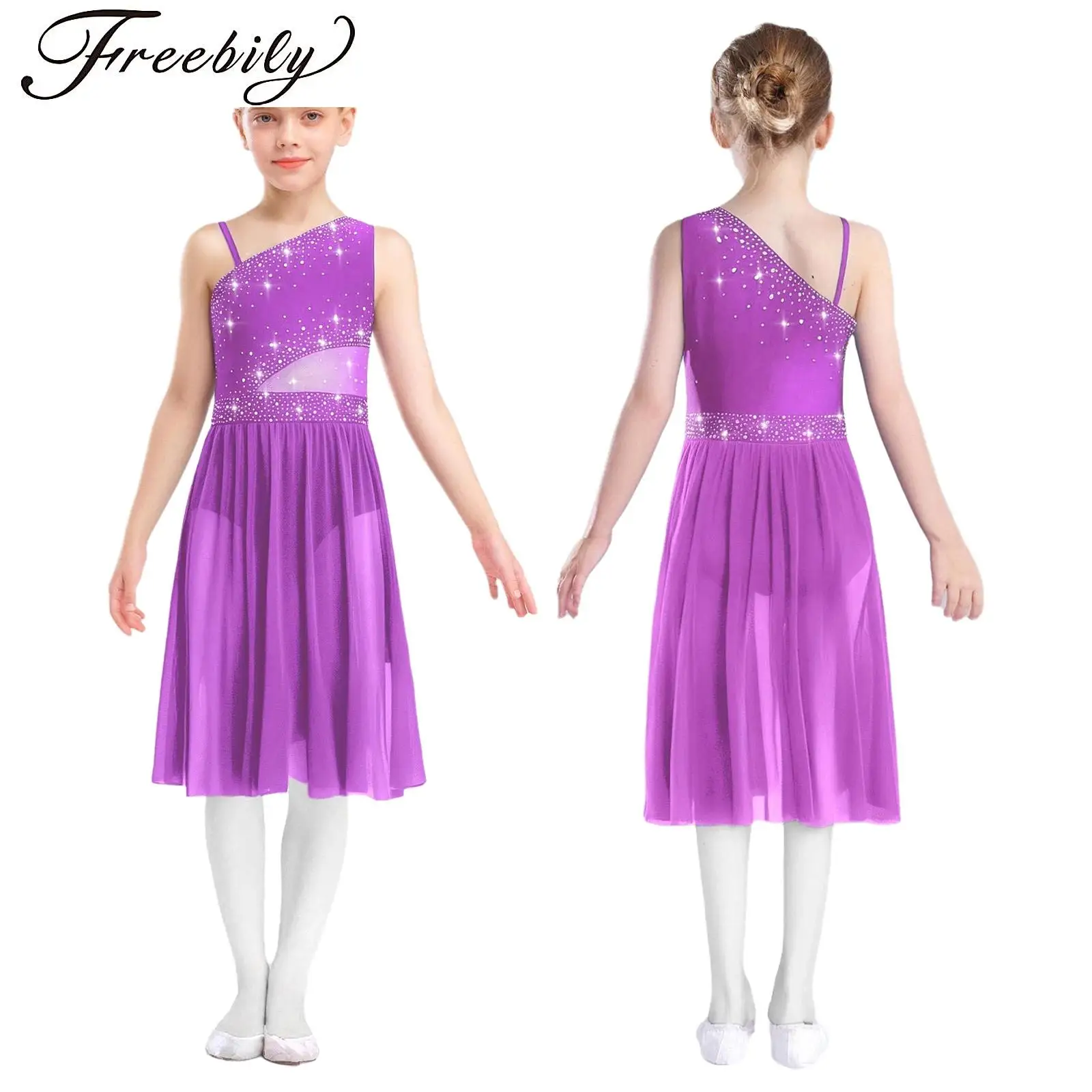 

Kids Girls Shiny Rhinestones Lyrical Dance Figure Skating Costume Party Dresses One Shoulder Sleeveless Sheer Mesh Waist Dress