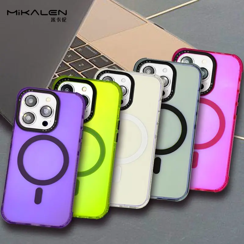 

Matte Non-Slip Frame Anti-fingerprint Magsafe Case For iPhone 15 Pro Max 14 13 fluorescent Translucent Shockproof Armor Cover