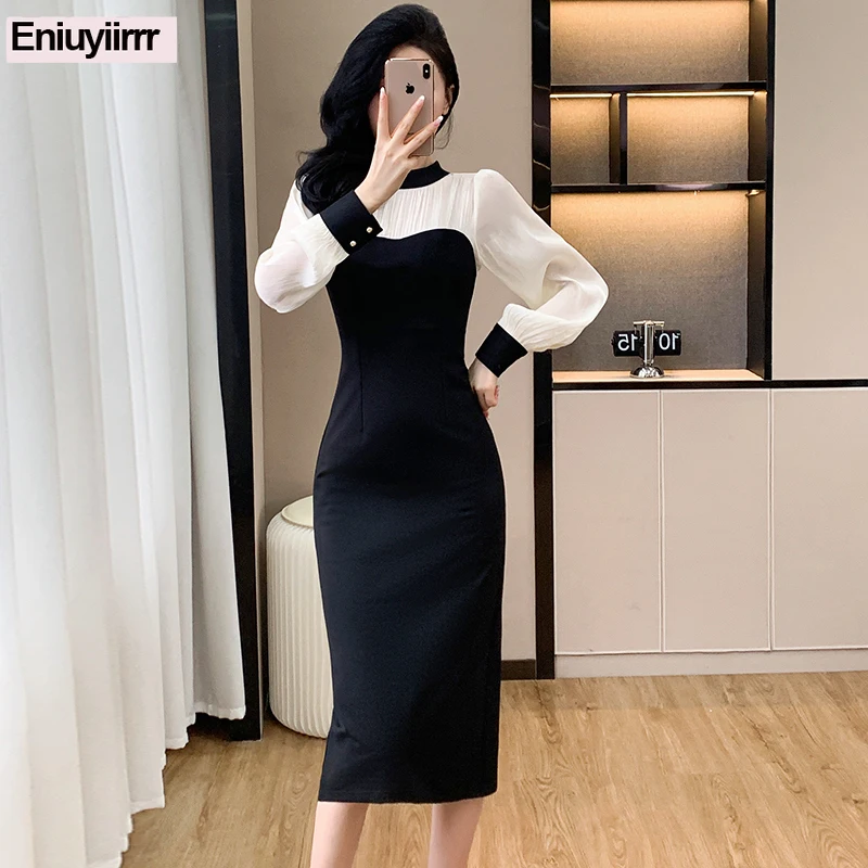 ชุดเดรสทรงดินสอผ่าข้างยาว แต่งผ้าปะติด สไตล์ใหม่ แฟชั่นผู้หญิง สง่างาม สีดำ แนวผู้หญิง สำหรับใส่ทำงานในออฟฟิศ