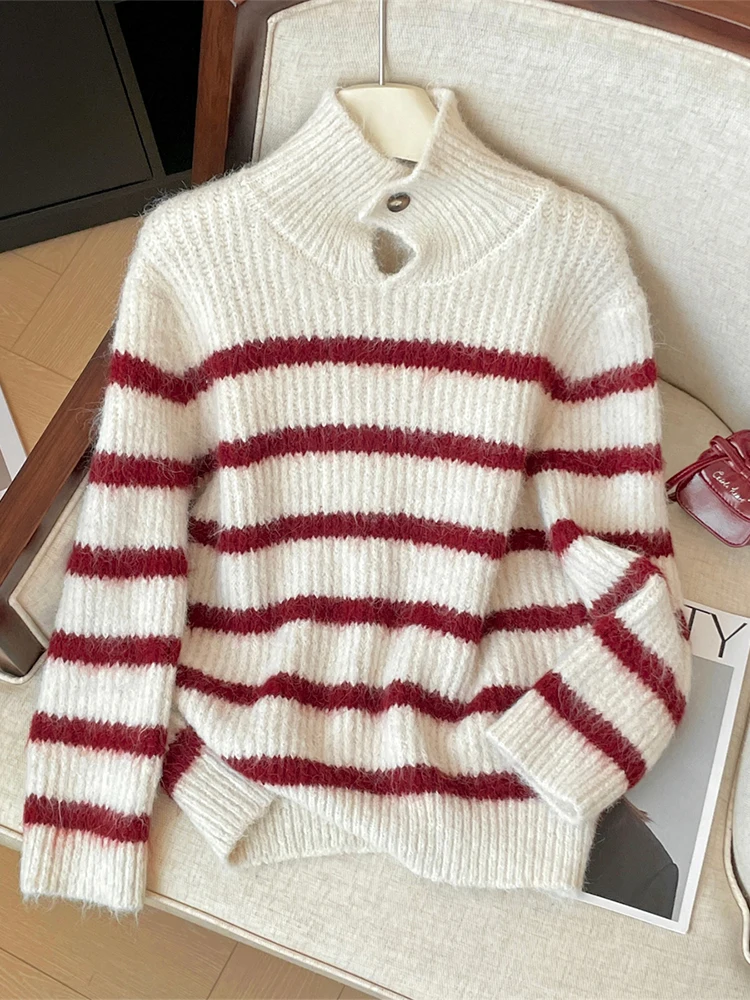 Women's Red Striped Pullover Sweater Harajuku Turtleneck Long Sleeves Oversize Sweaters Jumper Vintage Y2k 2000s Clothes Autumn