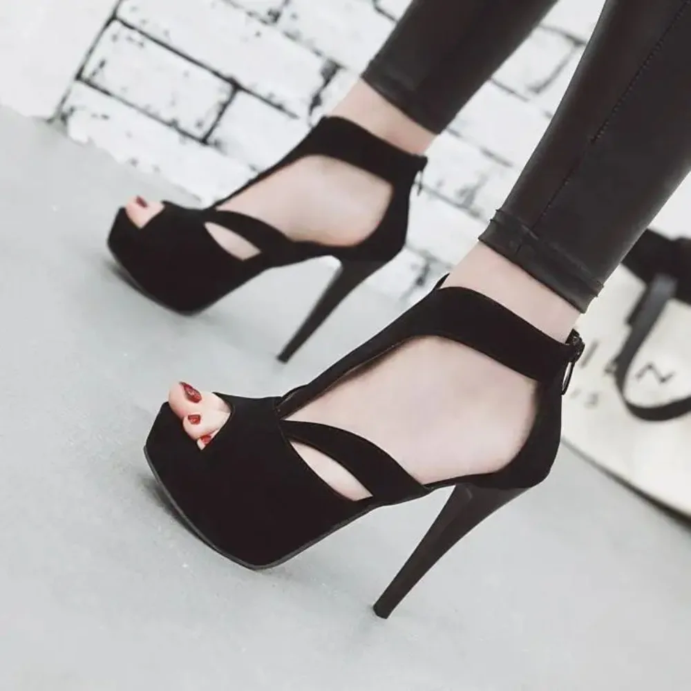 

Summer New Pattern Europe and America Fashion Black Sexy Fine Heel Waterproof Fish Mouth High-heeled Women Sandals Size 34-43
