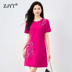 ZJYT Designer Summer Floral Sequined Party Dresses for Women 2024 Elegant O Neck Short Sleeve Simple Casual Black Dress Female