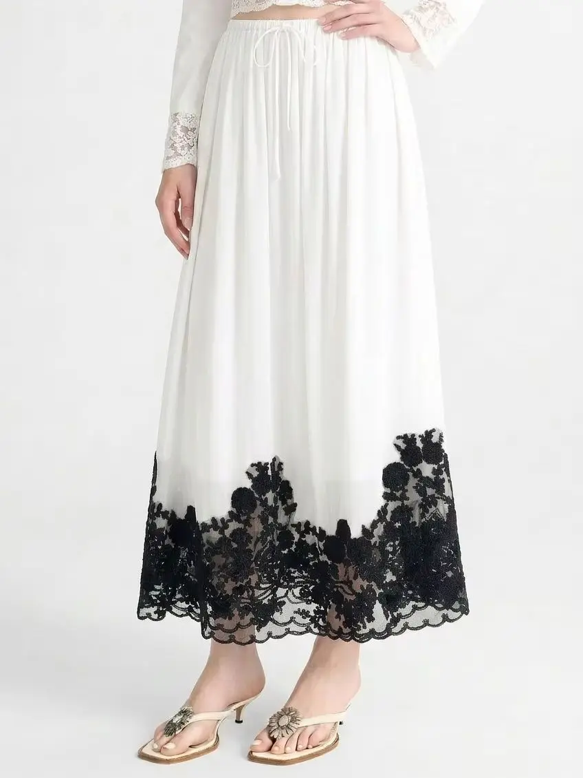 Women's 100% Silk Satin Long Skirt Lace Embroidery Patchwork Elastic Waist A-Line Fashion Ladies Jupe