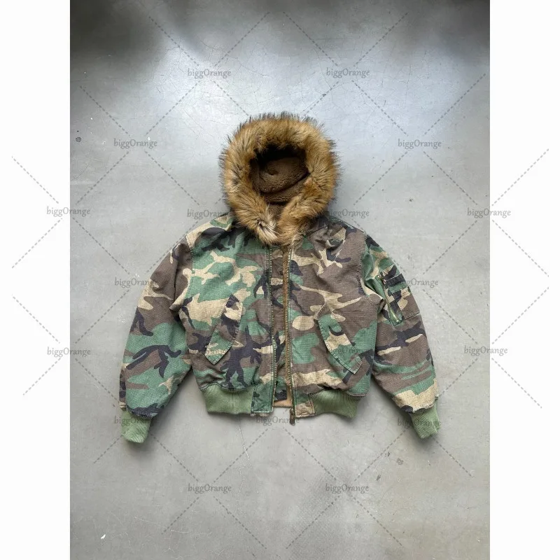 2025 High Street Trendy Y2K Streetwear Jacket Harajuku Retro Camouflage Fur Collar Casual Zipper Hoodie Men Oversized Sweatshirt