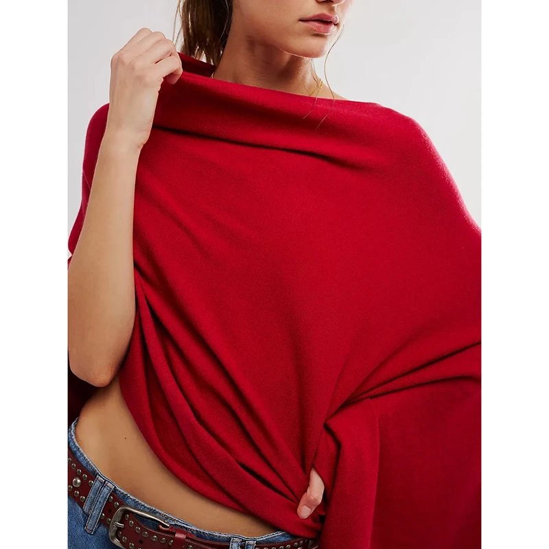 

Combhasaki Women's Triangle Pullover Poncho Sweater Cowl Neck Solid Color Asymmetrical Ruffle Hem Knitwear Y2k Tops Shawl Wraps