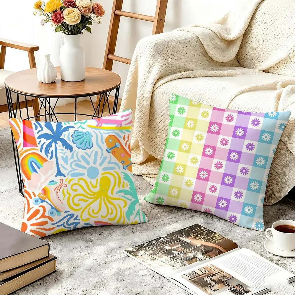 Summer Kids Mixed Print Set Cushion Cover Short Plush Double-sided Print Square Throw Pillow Covers Sofa Home Cushion Decor
