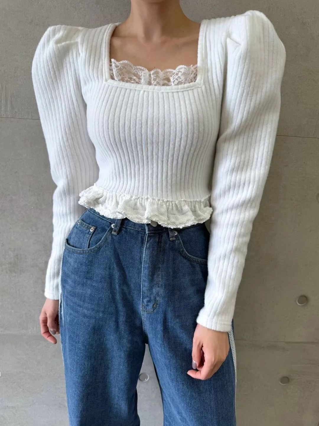 

Faionable Lace Splice Long Sve T-irt Women's ort Design Sense Youthful Square Collar Chic Autumn Versatile Top