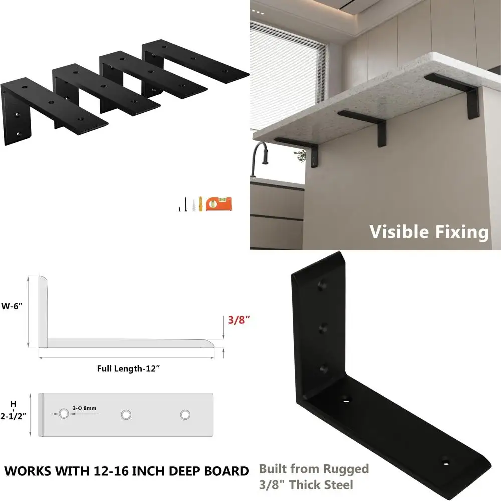 

Heavy Duty 12 Inch Countertop Support Brackets for Quartz, Wood, Laminate, and Granite | 3/8 Thick Metal, 4-Pack
