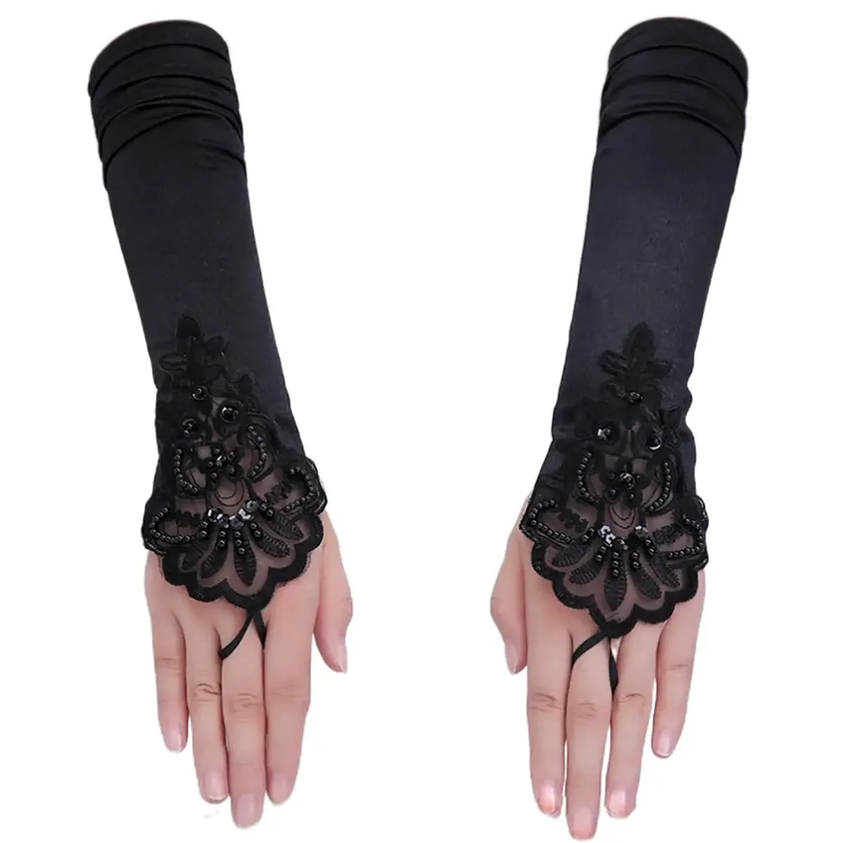 Guantes Flapper teñidos con cuentas negras, sin dedos, hasta el codo, guantes de fiesta de ópera de noche, tul transparente para mujer