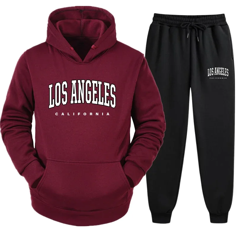 

Mens Tracksuit Set LOS ANG Sportswear Single Piece Black Pants Hoodie Fashion Men Two Piece Outdoors Comfortable Casual Jogging