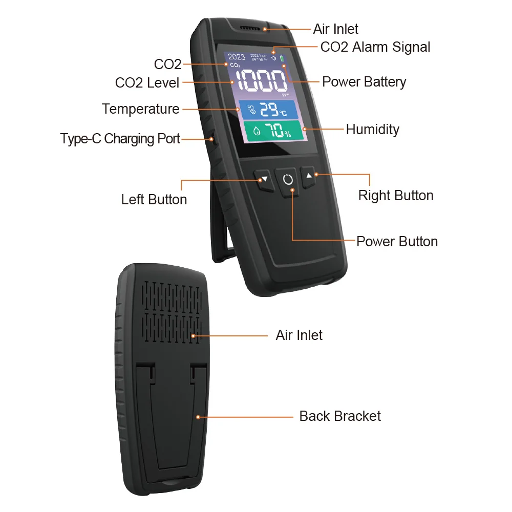 New Design CO2 Detector Handheld Model Real-time Monitoring LCD Screen CO2 Measuring Range 400-5000PPM
