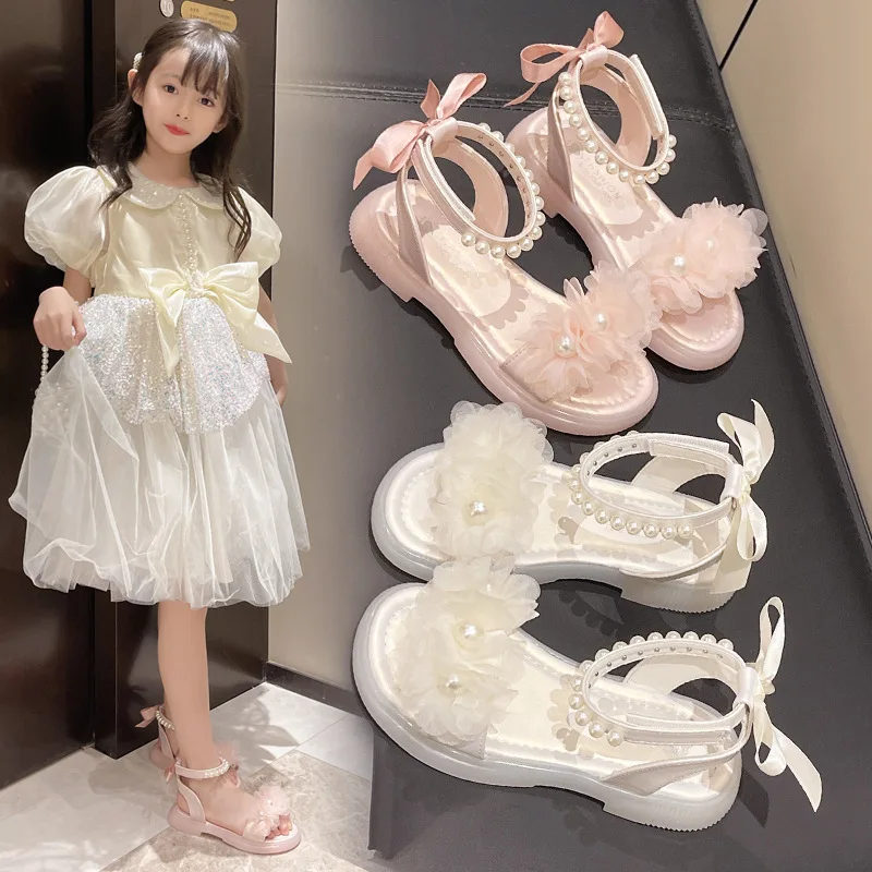 Girls Pearls Sandals with Lace Beaded Princess Kids Gladiator Sandals Princess Sweet Summer Kids Beach Shoes Back Bow-knot