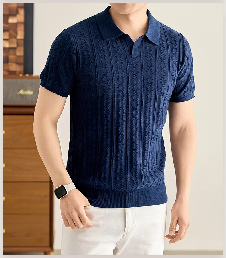Luxuriöses, gestricktes 100% Baumwoll-Poloshirt für Herren, kurzärmelig, neu, Jacquard, weich, atmungsaktiv, modisch, hochwertig, einfarbig, lässiges T-Shirt. – Detail 11