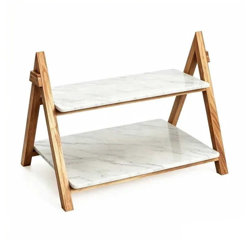2 Tier Marble Acacia Wood Handcrafted Square Cake Stand with Collapsible Kitchen Storage Rack Serving Tray Dessert Display