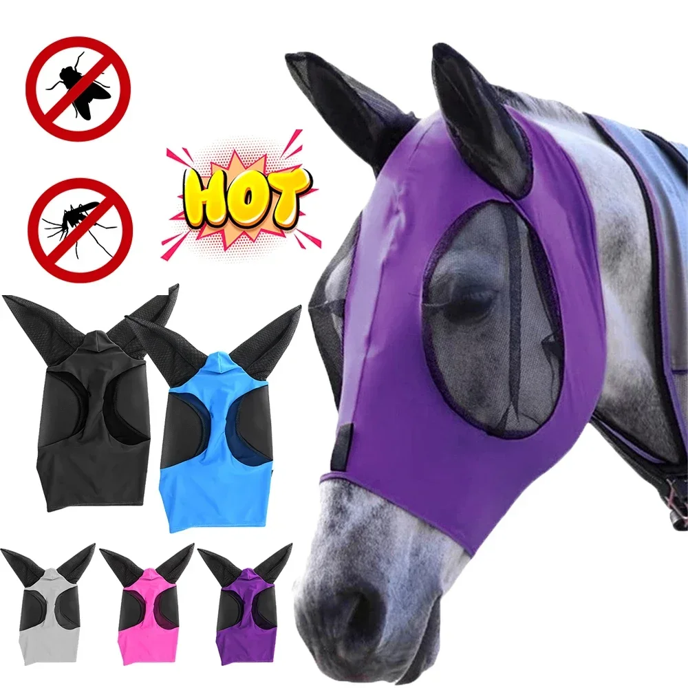 Multicolor Horse Masks Anti-Fly Worms Breathable Stretchy Knitted Mesh Anti Mosquito Mask With Ears Riding Equestrian Equipment