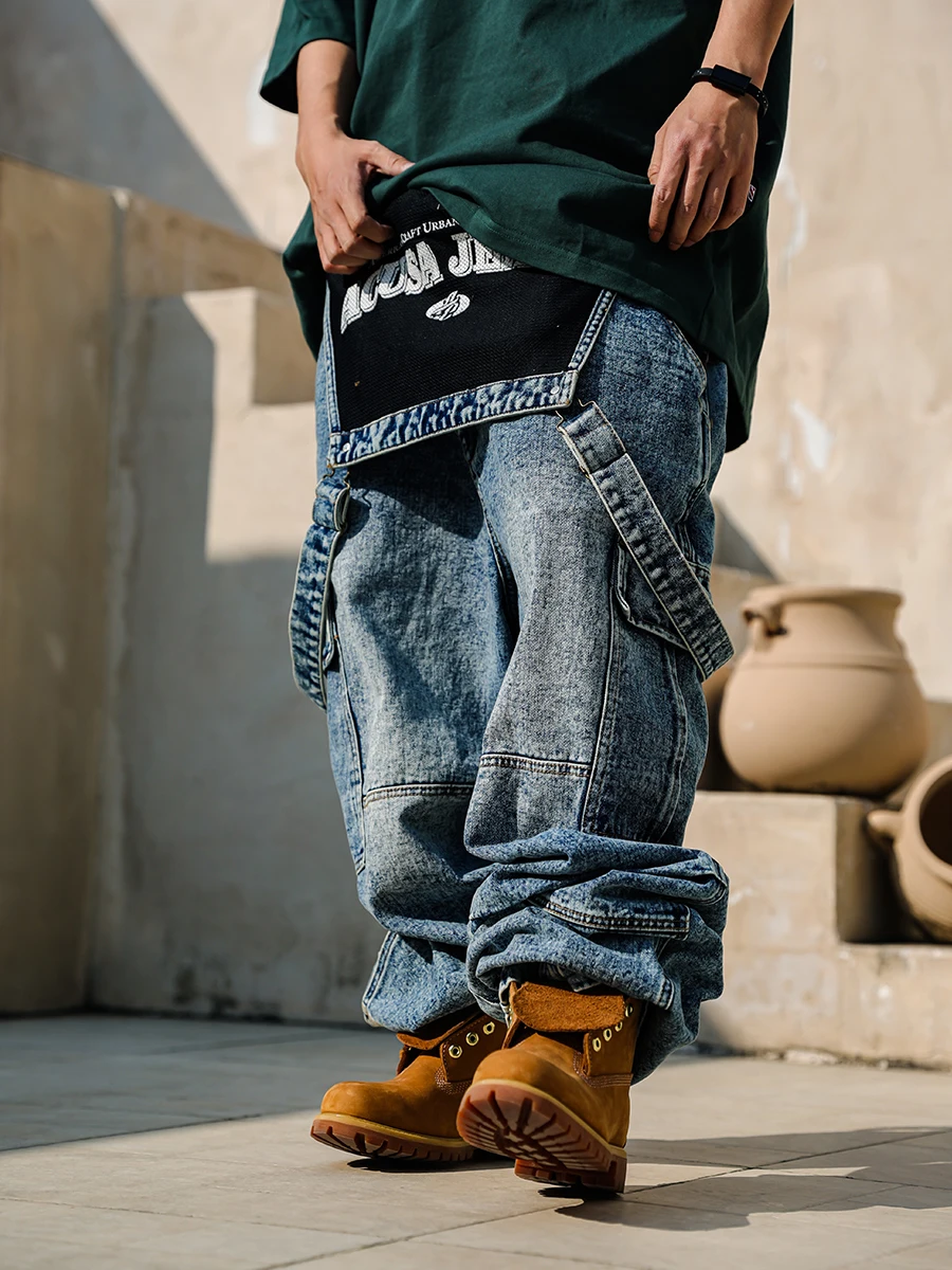 

Heavyweight Retro Snowflake Washed Workwear Denim Overalls American Casual Hip Hop Loose Fit Straight Leg Jeans for plus Size...
