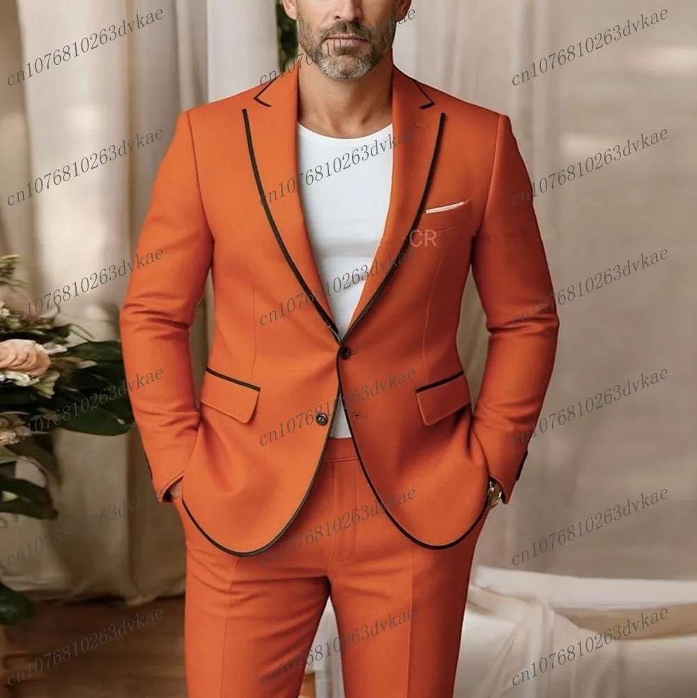 

New Orange And Black Men Suit Wedding Party Formal Groom Groomsman Prom Business Male Tuxedos 2 Piece Set Jacket Pants