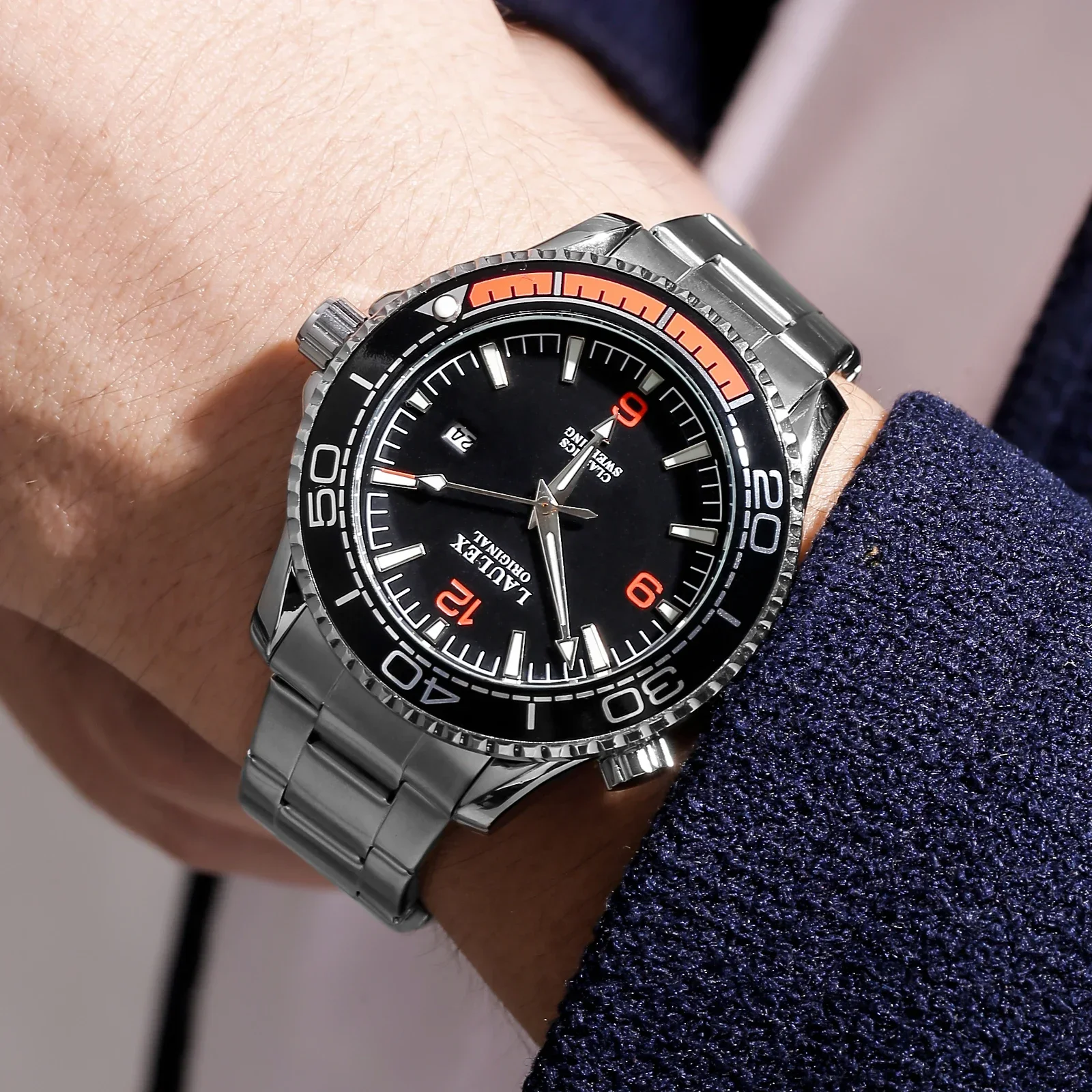 سلسلة هايما الفاخرة الأصلية من LAULEX حركة كوارتز مستوردة أوتوماتيكية بالكامل مع علبة ساعة كوارتز بتقويم