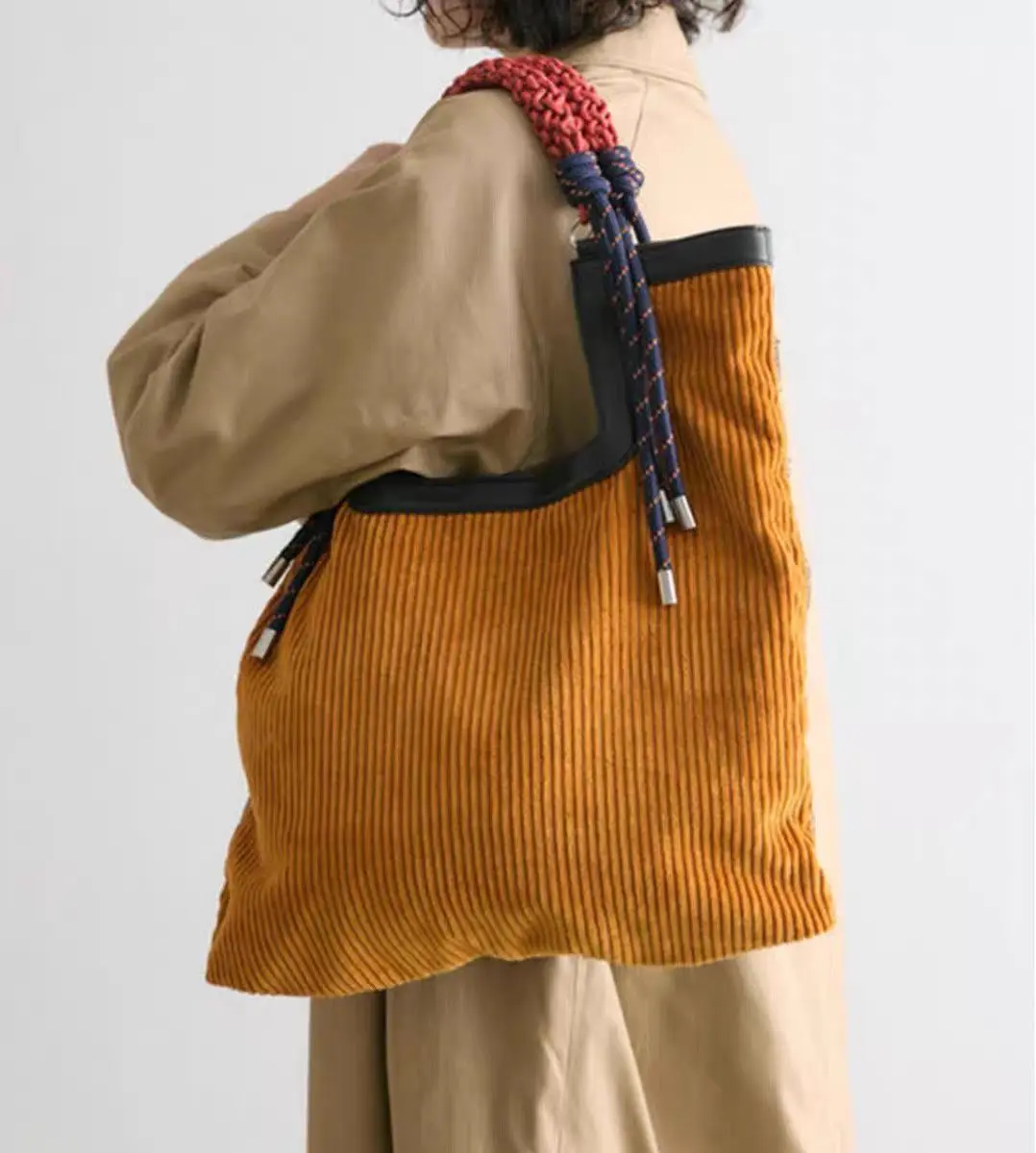 Women Bags Corduroy Fashion Vintage High-Capacity Tote Bags Weaving Handle Office Lady Girls Bag