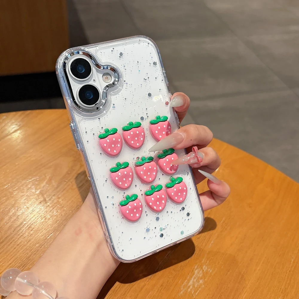 

Glitter Sequins Multi Strawberries Phone Case For iPhone 16 14 15 Plus 13 12 11 Pro Max 16e Silver Lens Frame Clear Epoxy Cover