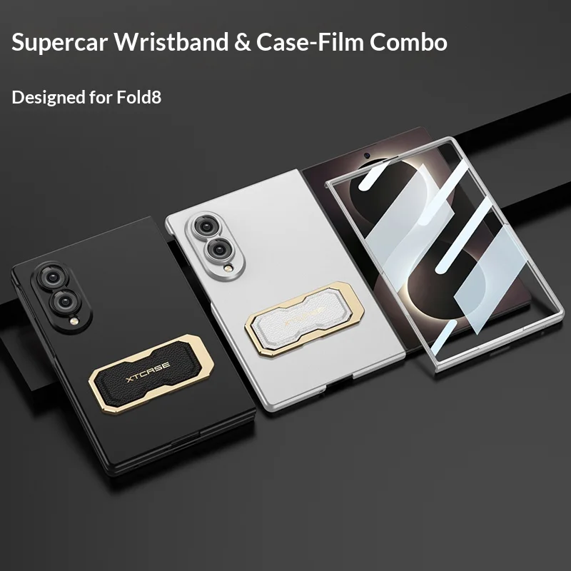 Funda con soporte plegable y correa para muñeca para Samsung Galaxy Z Fold 8 Fold8 Wide, PC con sensación de piel, incluye protector de pantalla 6