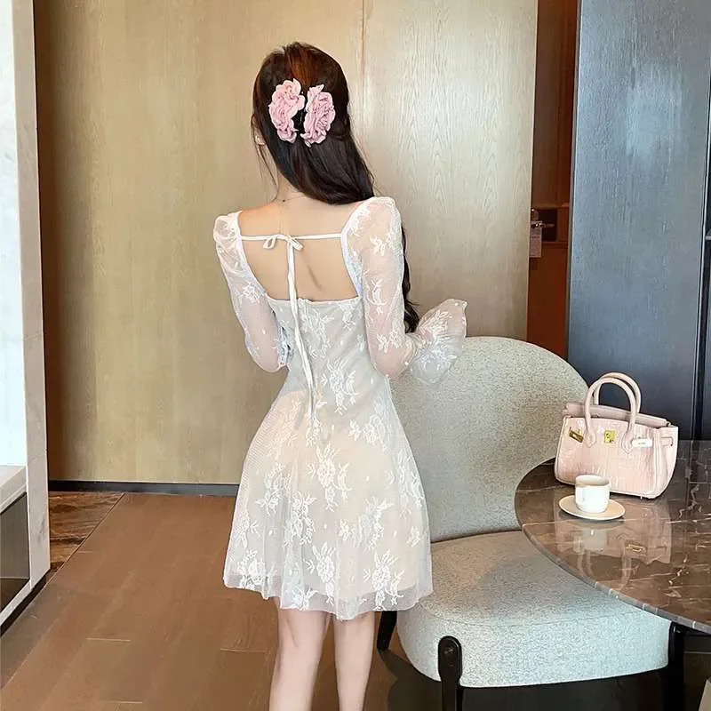 المتضخم المألوف الدانتيل المرقعة ساحة طوق مضيئة كم فستان قصير الخريف الاتجاه مثير جلد الرسن فستان الأميرة النساء #3