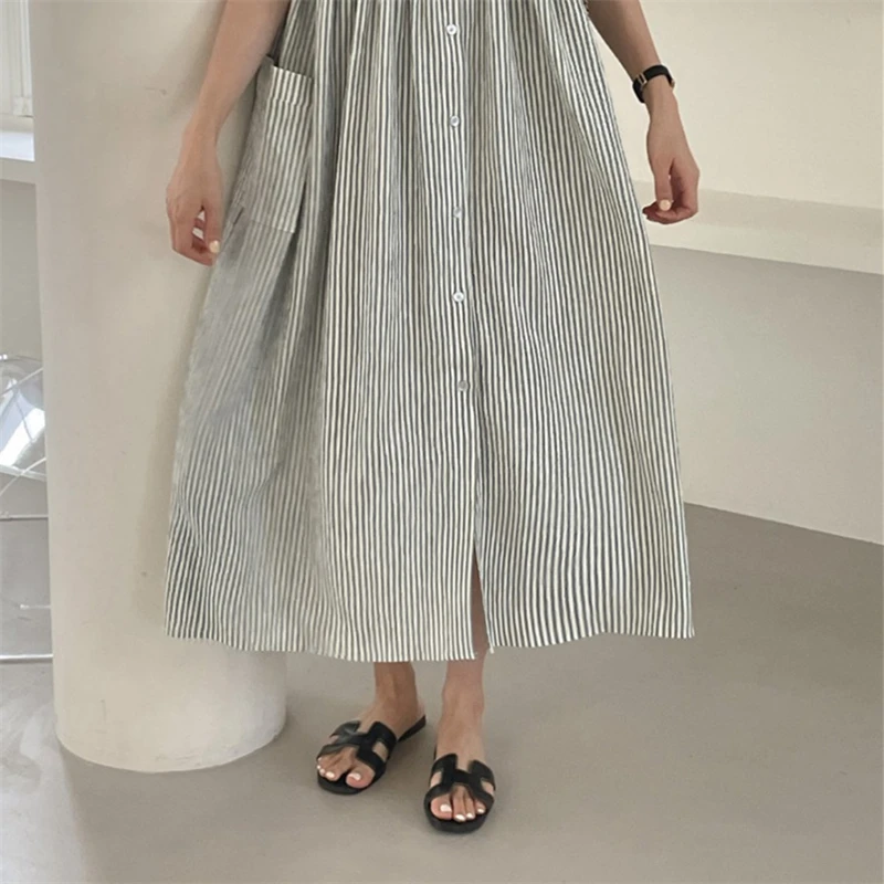REALEFT Summer Vintage Striped Single Breasted Women\'s Shirt Dresses 2024 New Korean Casual Straight Dress Pockets Female