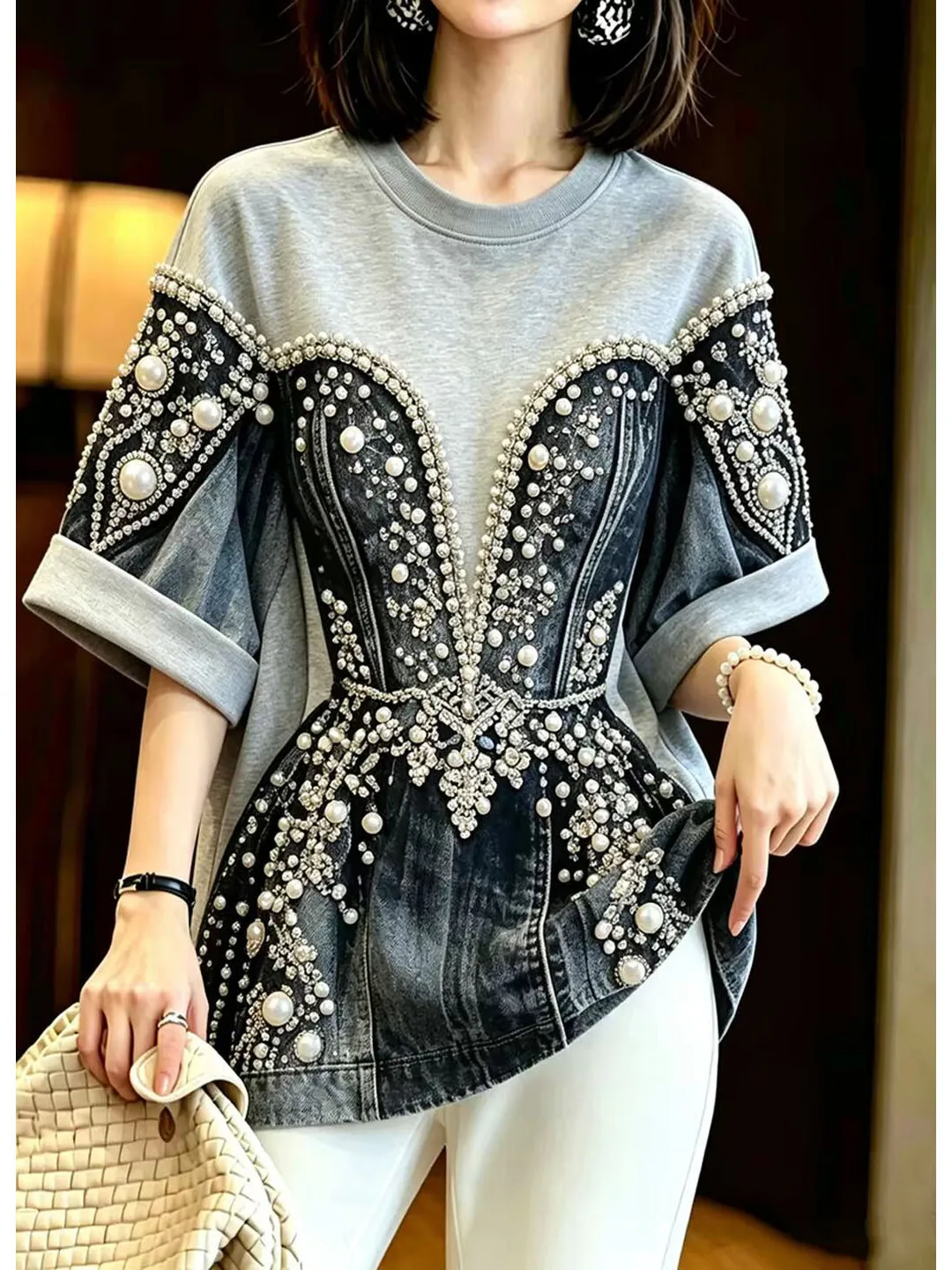 Summer Heavy Embellished Wide Sleeve Women's T-shirt Luxury Style plus Size Versatile High-End Feel Commute New
