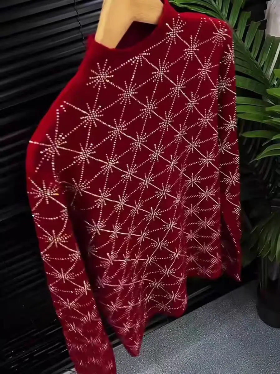 Stile di lusso Sparkle Diamanti Foratura a caldo Vino Rosso Maglione per le donne Autunno/Inverno Maglieria Pullover pull femmes 2025 Trend