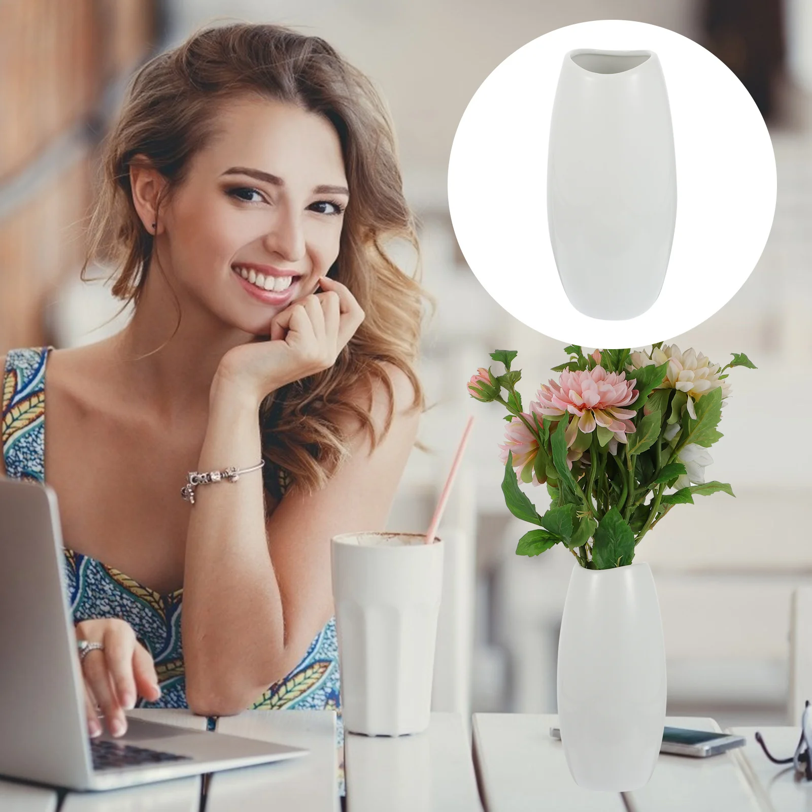 

1Pcs White Ceramic Flower Vase Creative Home Office Desktop Ornament Flower Arrangement Container Decorative Vase