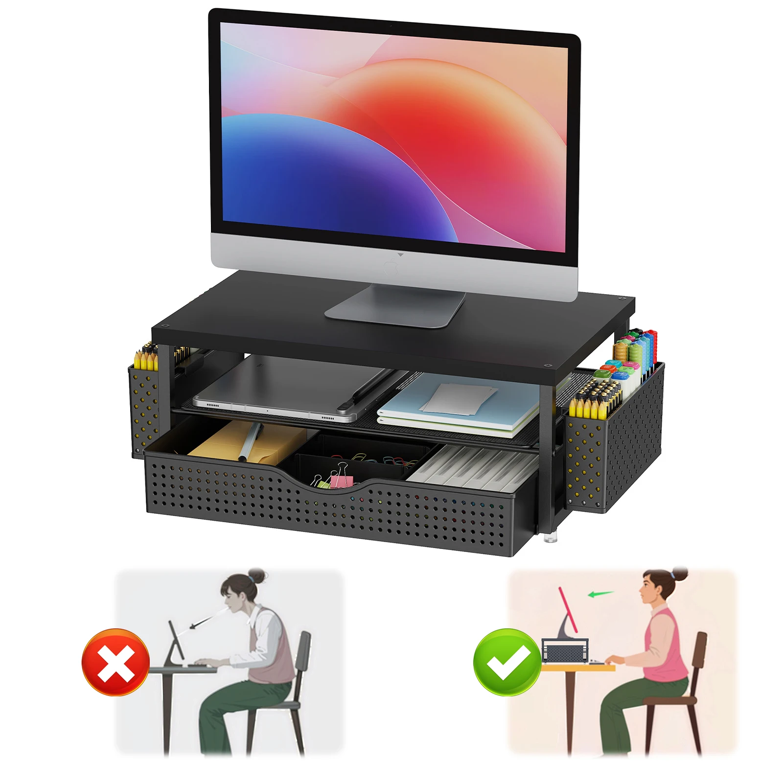 

2-Tier Computer Monitor Stand Riser with Drawer and 2 Pen Holders Computer Stand Laptop Riser Office Desk Accessories