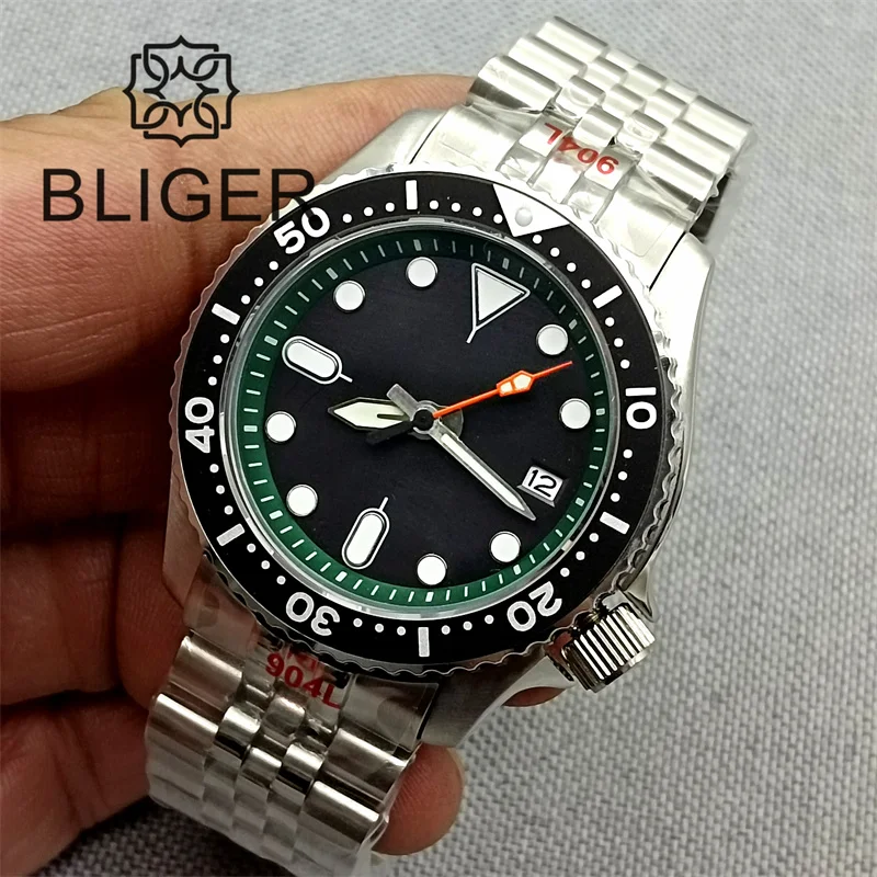 

BLIGER 41mm NH35A Automatic Dive Watch for Men 904L Stainless Steel Jubilee Bracelet 3.8 Crown Sapphire Crystal Green Luminous