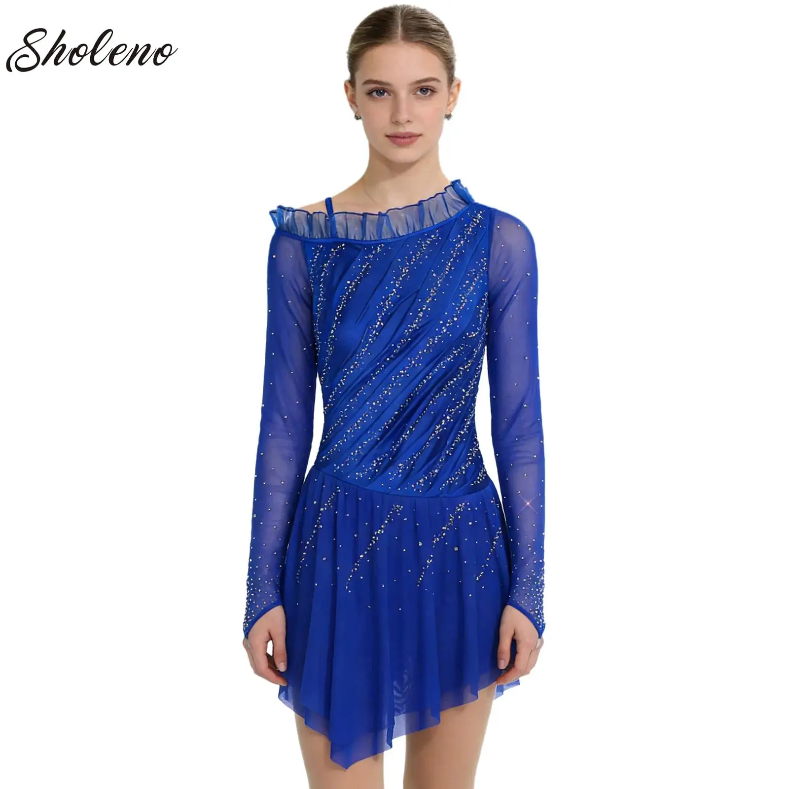 

Ballet Dance Tutu Leotard Dress for Women Glittery Rhinestones Long Sleeves Ballroom Dance Costume Performance Clothing