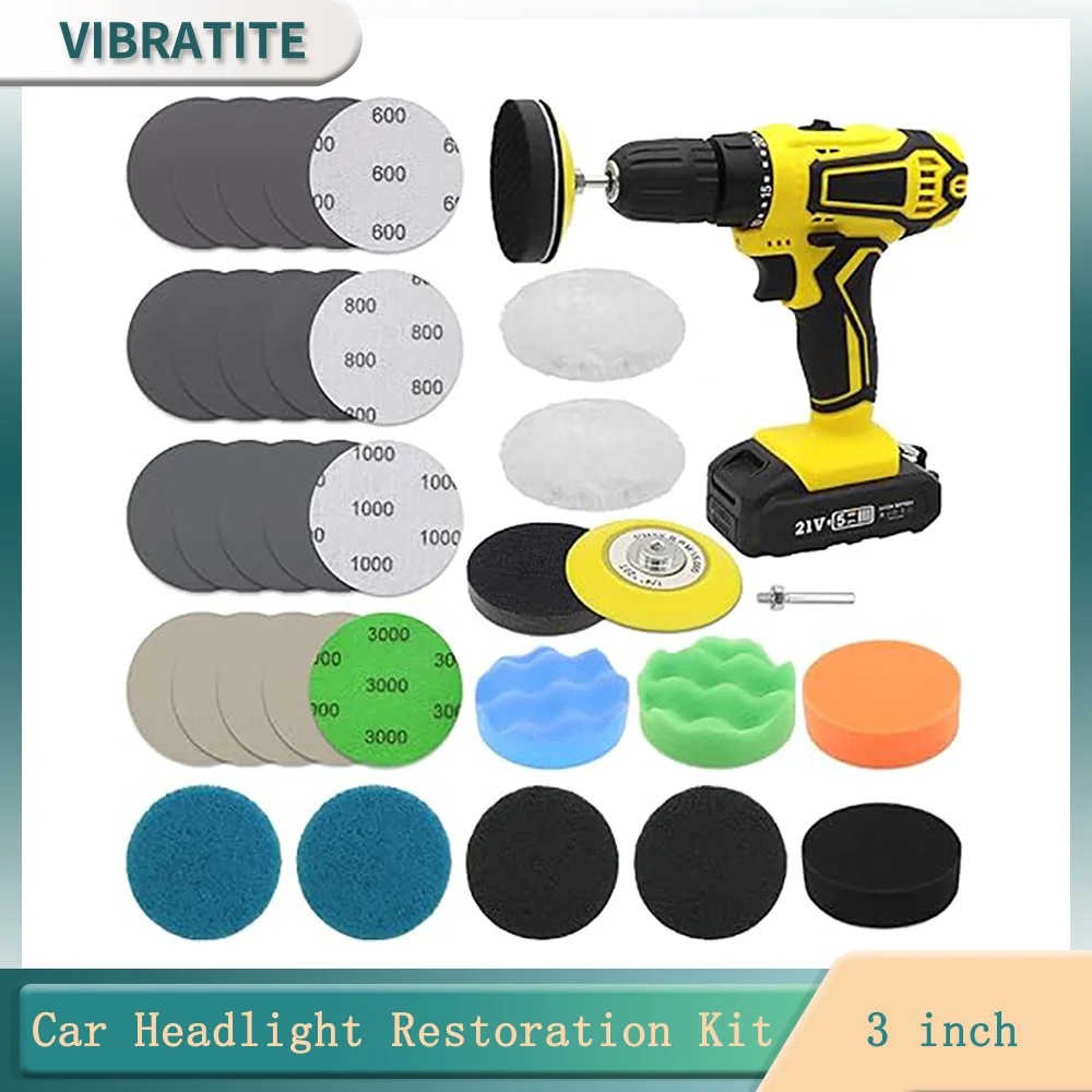 

3 Inch Car Headlight Restoration Kit 32 Pcs with 1/4 Inch Shank Backing Pad Scouring Pads Buffing Sponge and Interface Pad 75MM