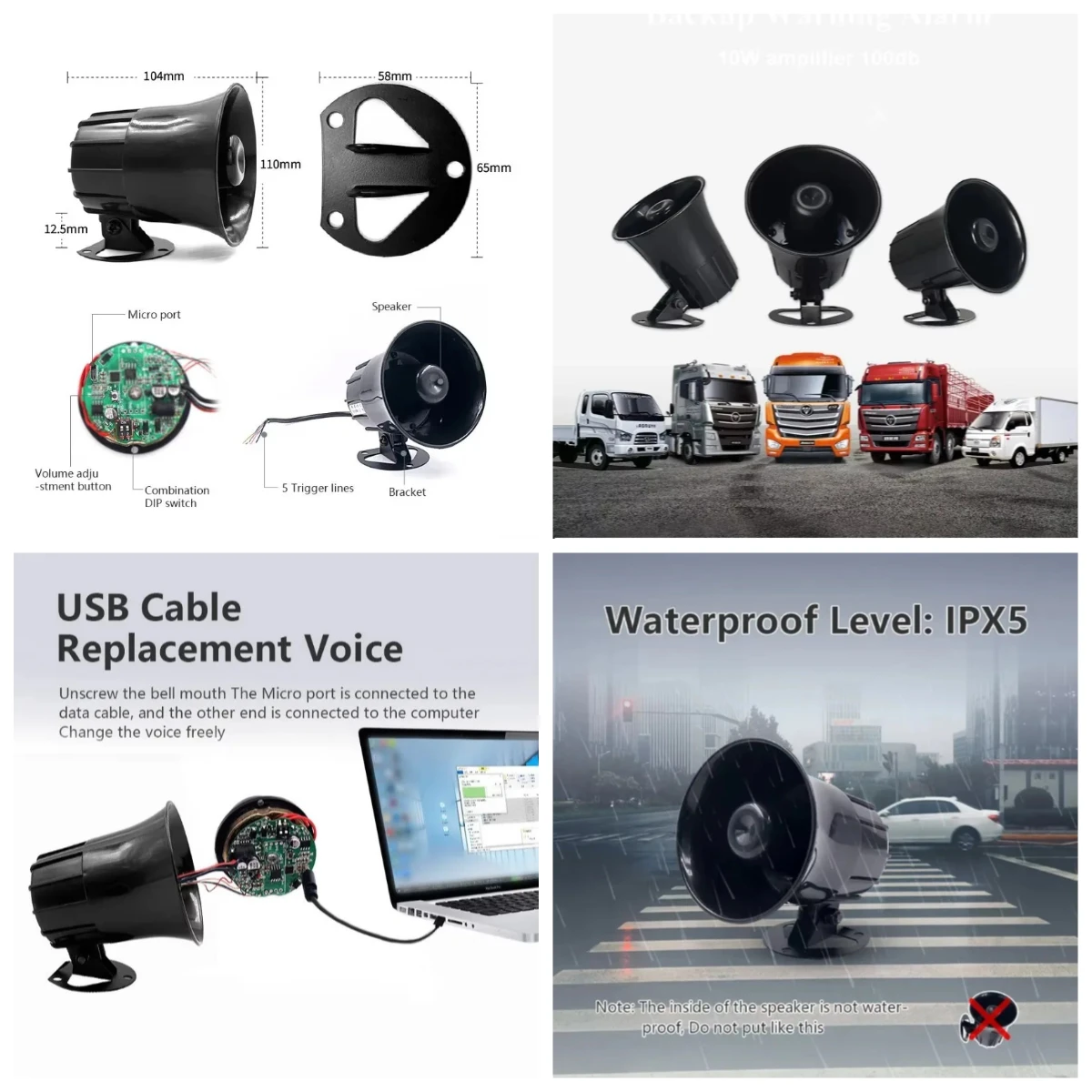 2026 12V 24V 100db 10W Black Electric Horn Fire Truck Siren with Customisable Sound 10-Year Battery Life and 1-Year Warranty