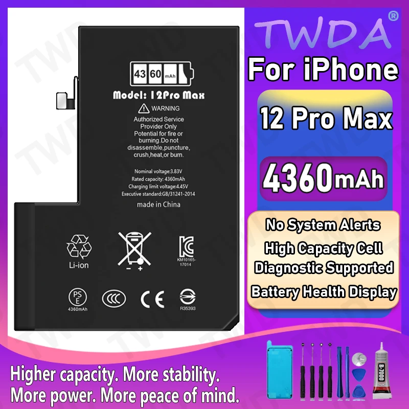 Diagnostic Battery 4360mAh Show Genuine Part No Pop Up Message for iPhone 12 Pro Max New High Quality Replacement + Free Tools