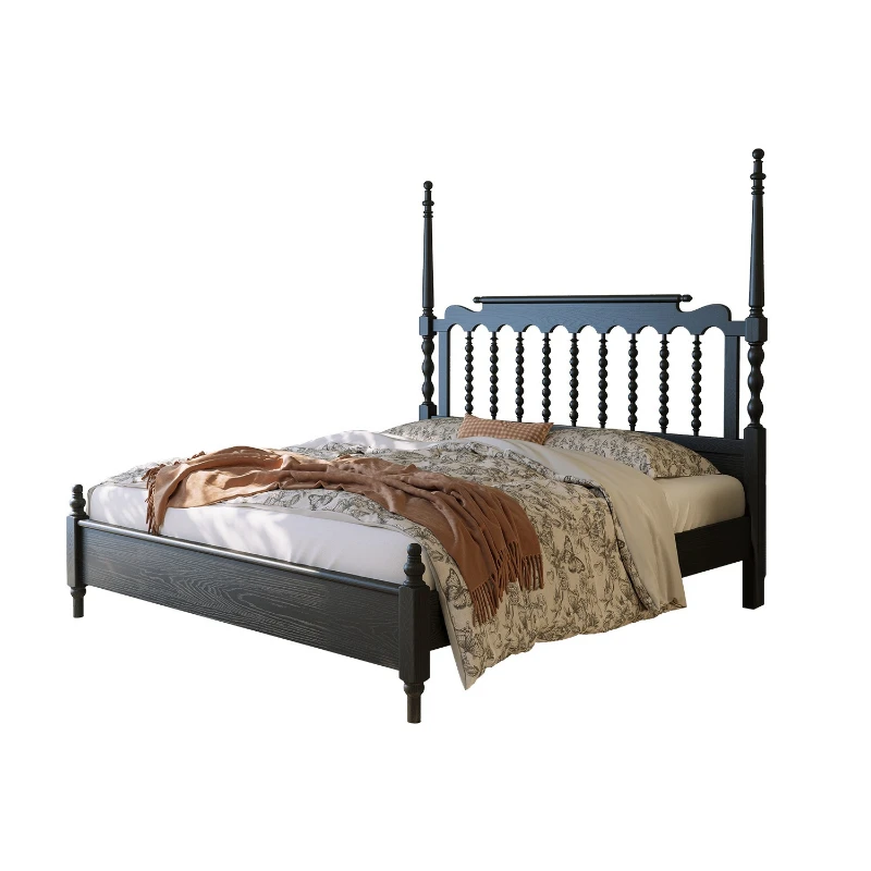 

medieval ash wood solid wood bed, master bedroom big bed high sense French retro Windsor Roman column high box bed