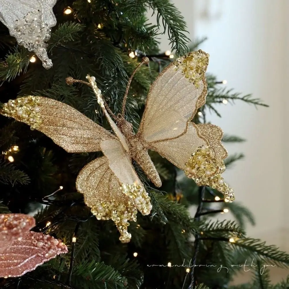 Ornamento scintillante di farfalle natalizie con clip Decorazione da appendere con libellula colorata Decorazioni per l'albero di Natale glitterate