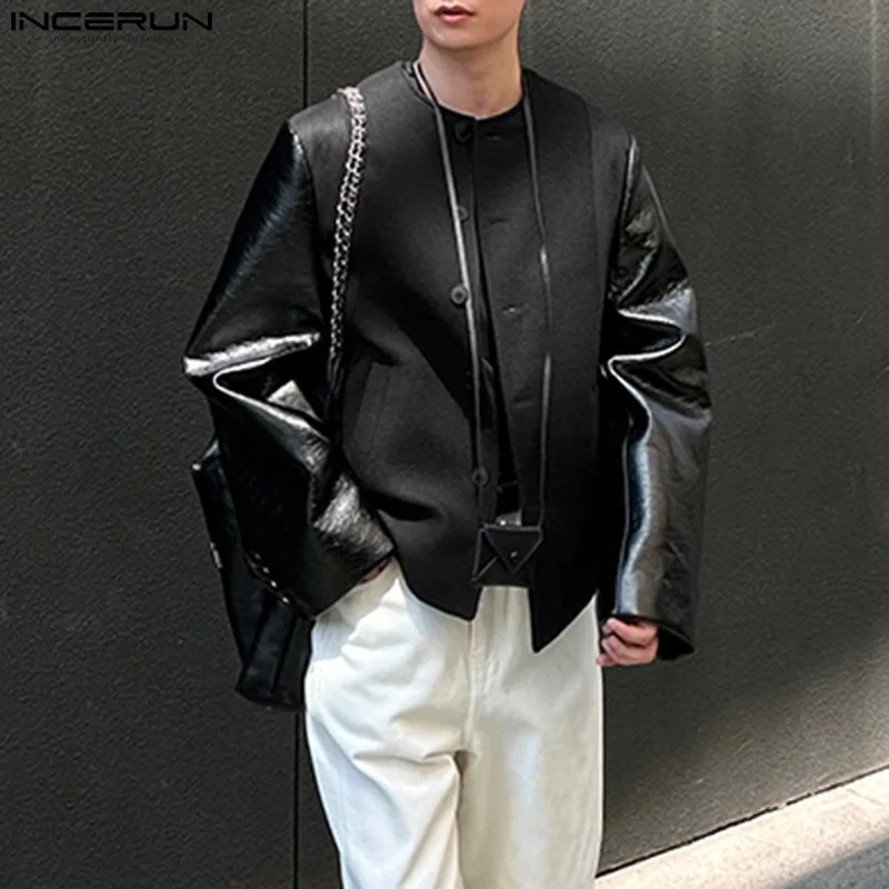 

INCERUN Men Jackets PU Leather Patchwork O-neck Long Sleeve Button Male Coats Streetwear 2025 Fashion Casual Jackets Men S-5XL