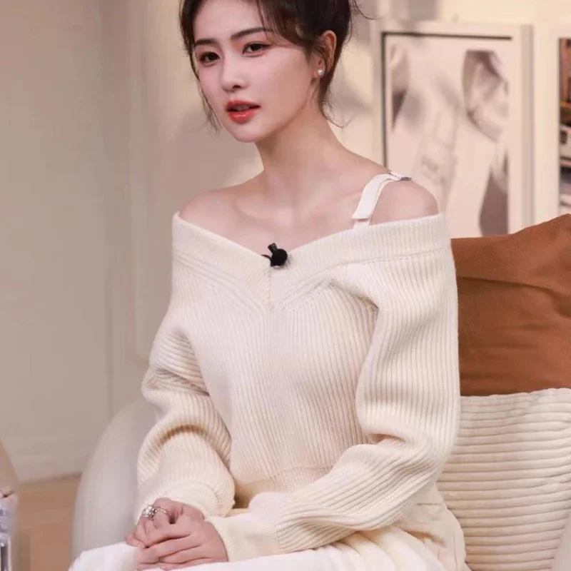 

Korean Singer Women Jazz Dance Clothes Concert Off-Shoulder Sling V-neck Knit Sweaters Slim Crop Tops Stage Performance Costume