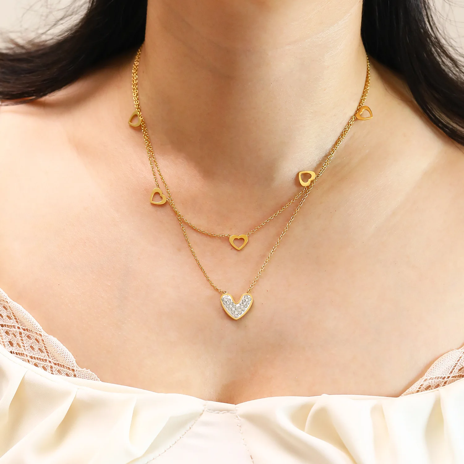 

Japanese and Korean fashion titanium steel heart shape diamond-encrusted double-layer necklace