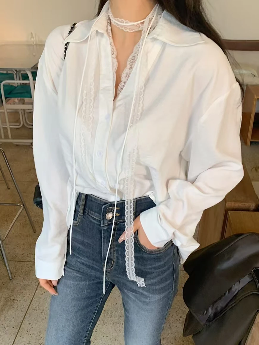 

Chic Lace Trim Splice Loose Women's irt Collar Long Sve Slimming Age-Defng Versatile Top for Busin Commute