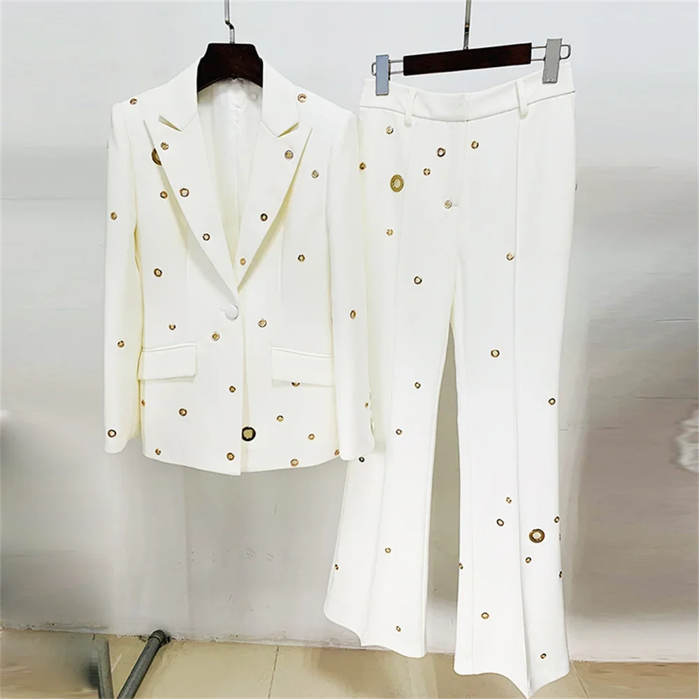 White Women Pant Sets Newest Formal Hot Single Button Long Sleeve Blazer Jacket Wide Leg Pants Ladies Elegant 2 Pieces Sets