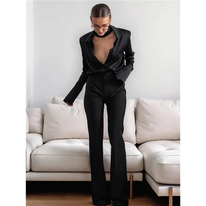

ABRT-Satin Silk Button Down Shirts For Women Dress Shirts Long Sleeve Blouses Womens Shirts Black S