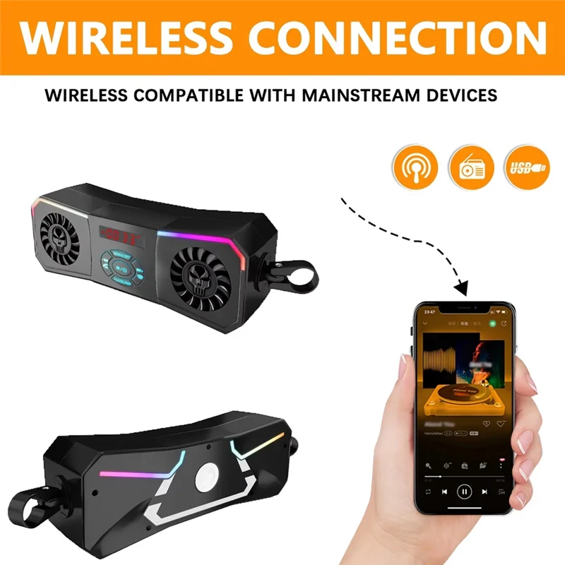 REPLA-Speaker Bezprzewodowy System Audio Stereo do Motocykla 12V Montowany na Kierownicy, Zawiera Odtwarzacz MP3, Wejście AUX, USB i Radio FM
