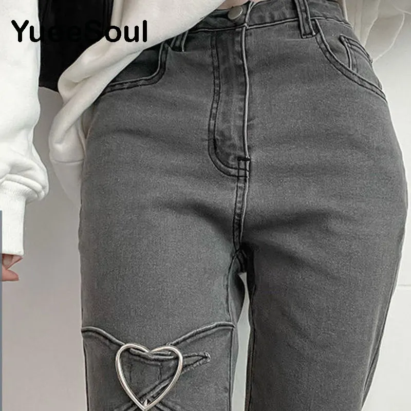 Love Metal Gray Women Jenas High Waist Flares Pants 2022 New Fashion Y2K Vintage Cute Sweet Casual 2000s E girl Female Clothes