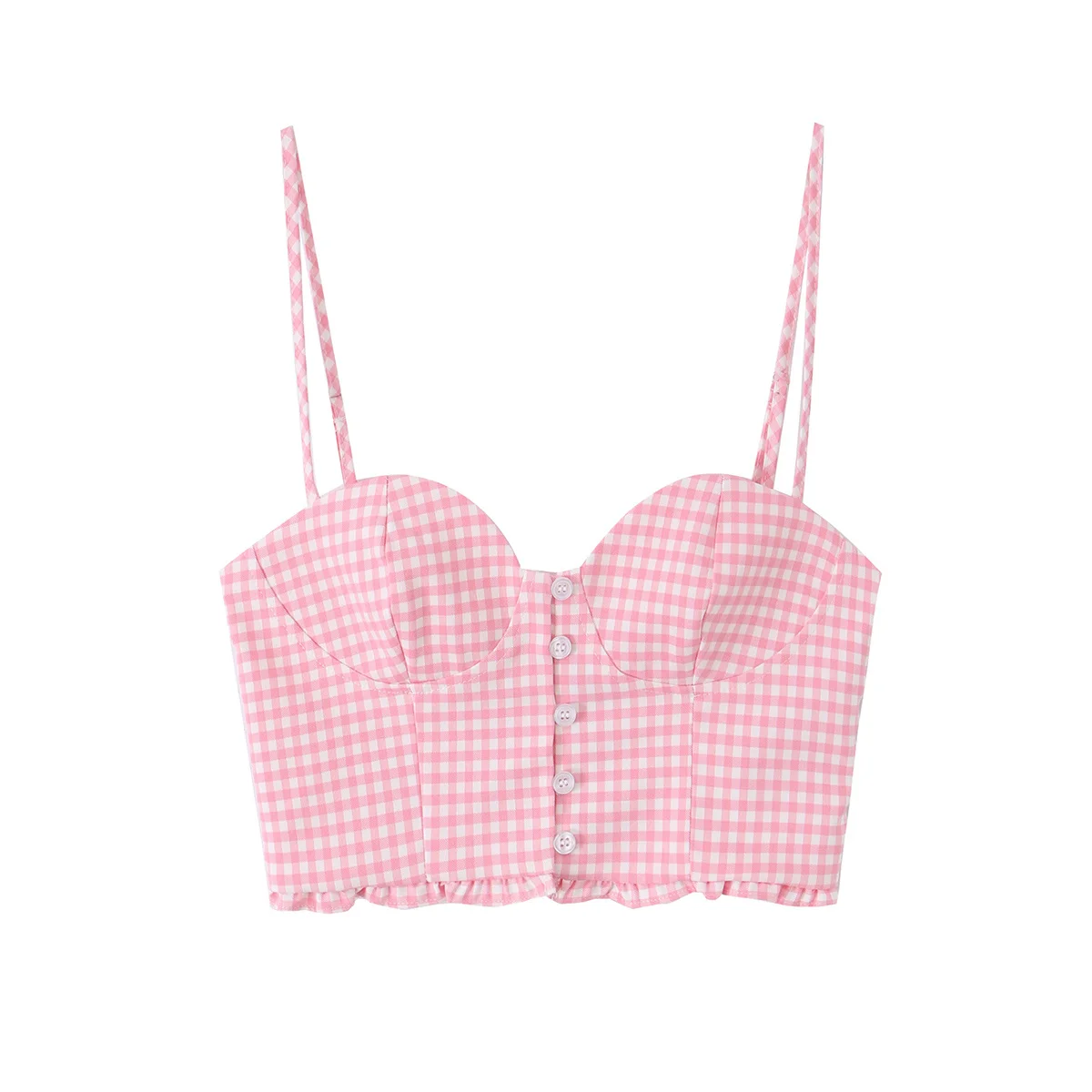 HH Rosa Gingham Bustier Cami Top Sommer Spaghetti-Träger-Top mit Knöpfen vorne und Rüschensaum, kurzes Korsett für Damen, lässiges Strand-Outfit – Detail 2
